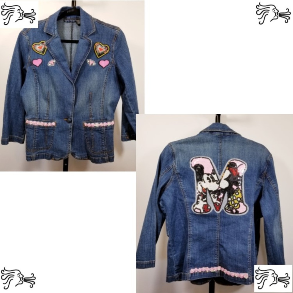 Sequin Mickey Mouse M Patch Blue Jean Jacket - image 1